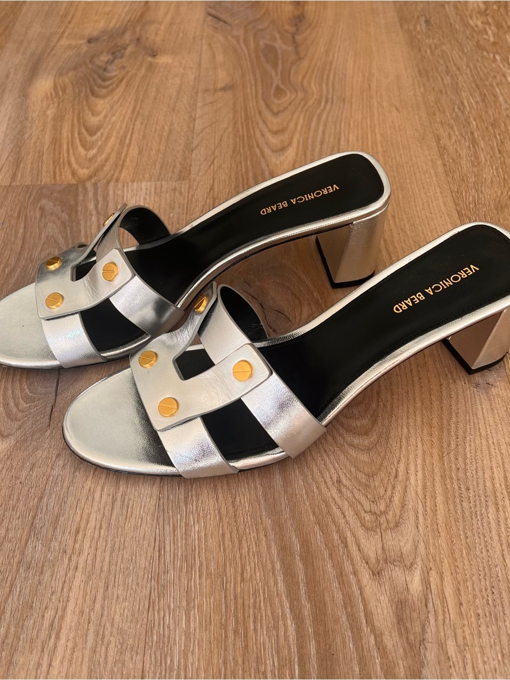 Veronica Beard Metallic Silver Leather Slide Mules with Gold Studs